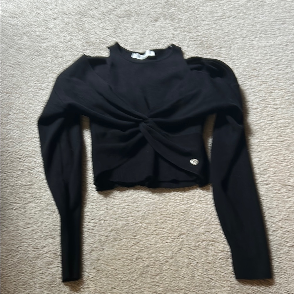 Black Fitted Crop Blouse with Mandarin Collar